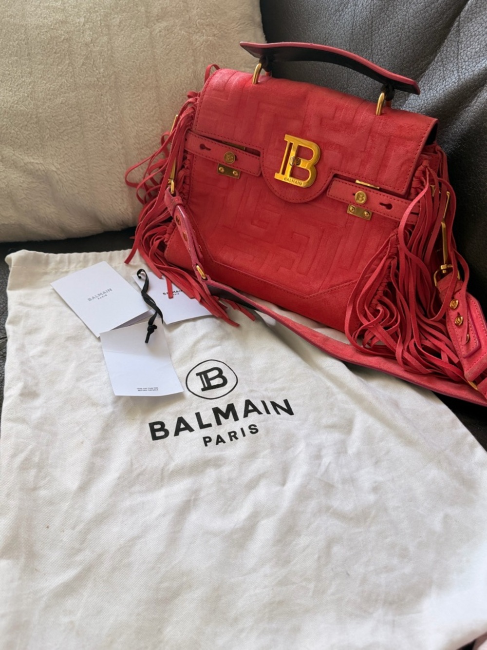 Balmain pink Suede Fringe Top-Handle Satchel with Gold Logo